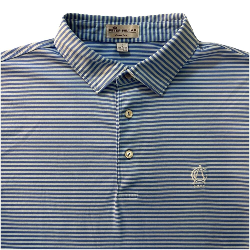 Peter Millar Crown Ease Polo Shirt Mens L Blue Stripe Australian Golf Club Logo
